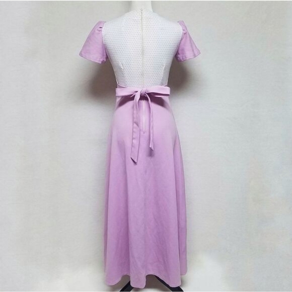 Vintage 1960s Lilac Swiss Dot Handmade Short Sleeve Tie Waist Maxi Dress S - Picture 9 of 13